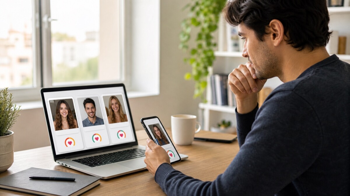 person reviewing online dating matches on laptop and phone for an eHarmony review