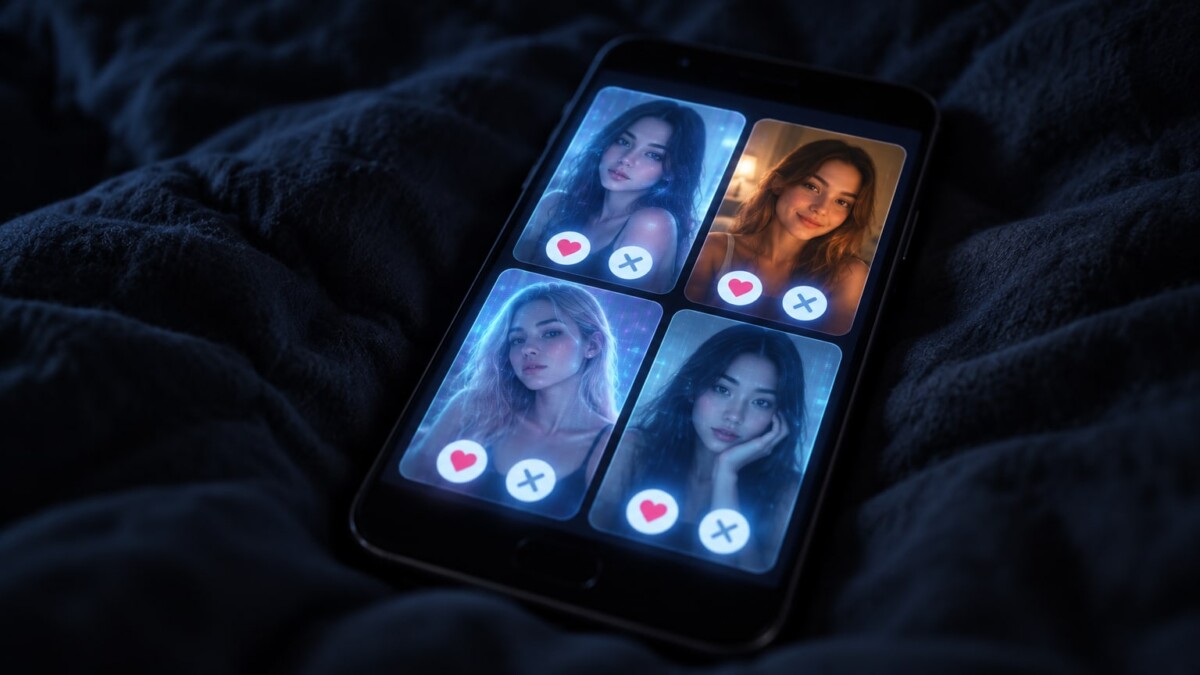 Glowing smartphone on dark bedding displaying four profile cards