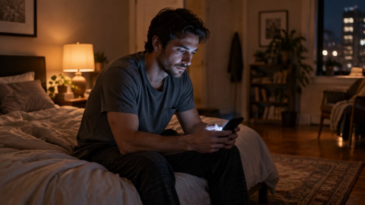 Man sitting on bed at night looking at glowing smartphone