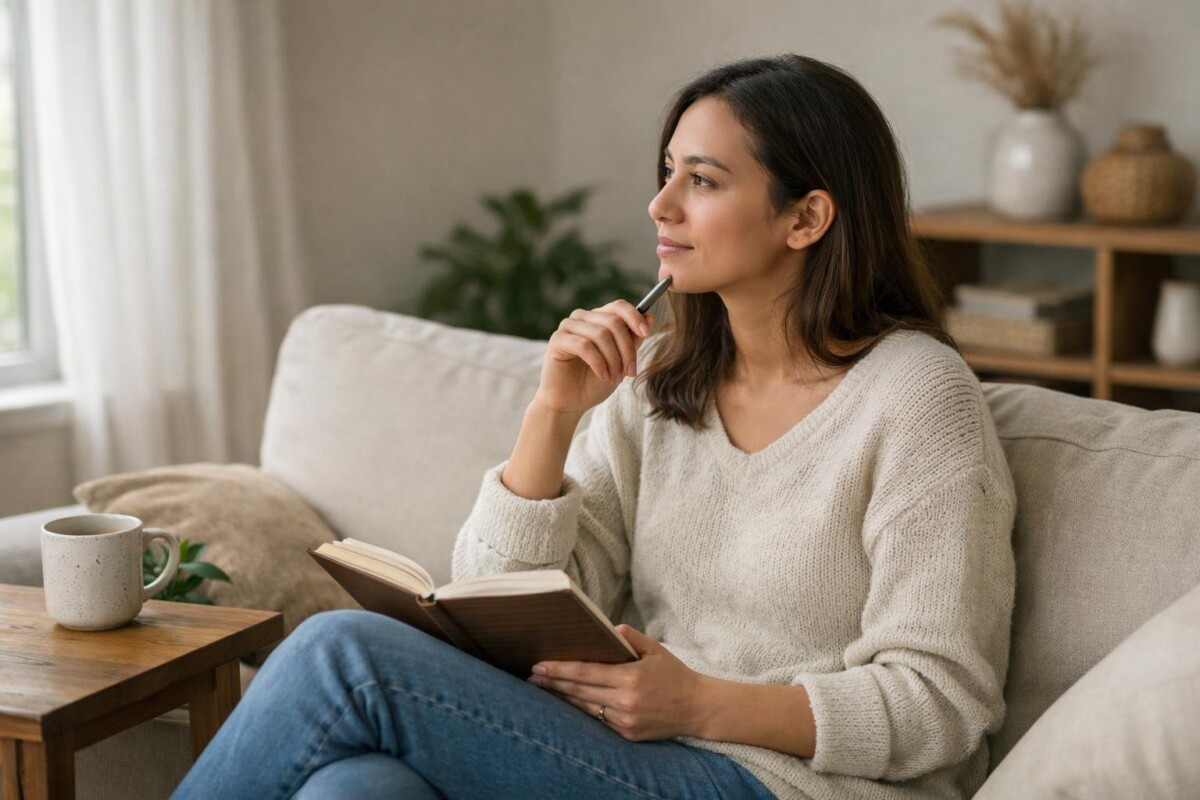 A young adult writing in a notebook while reflecting on healthy communication and personal growth