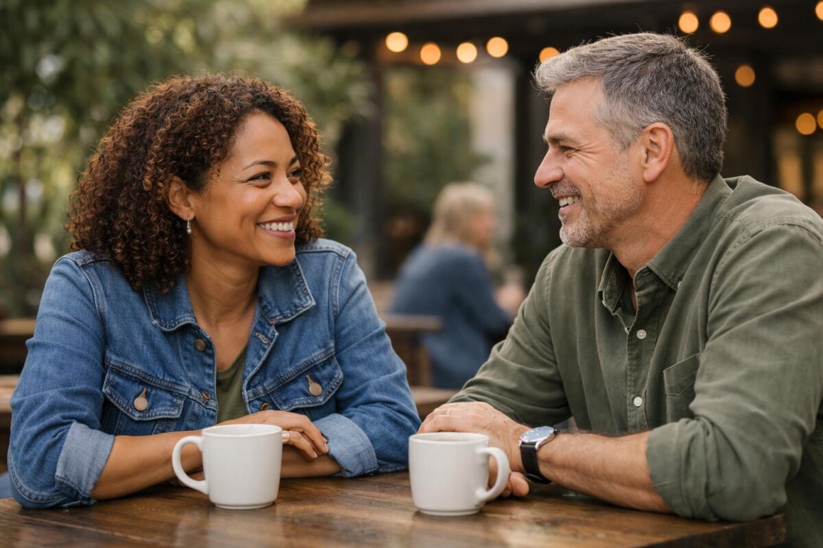 Two adults talking comfortably on a casual date in a relaxed setting