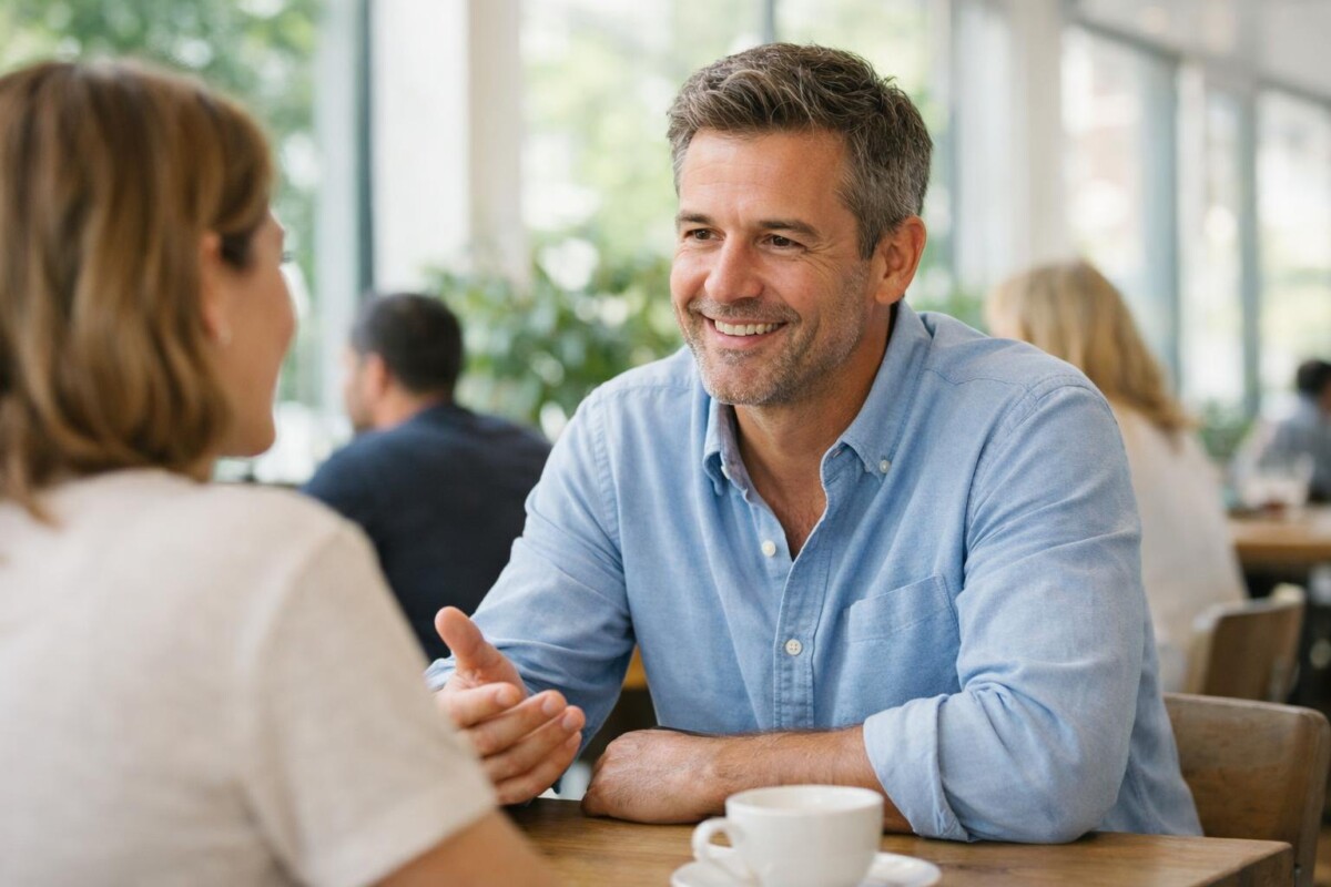Man having a relaxed conversation in a bright casual setting