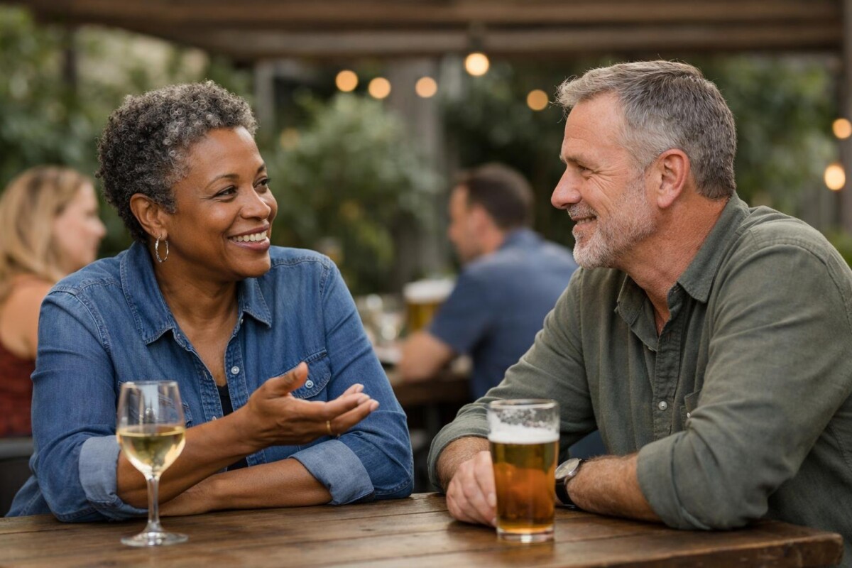 Two adults having a relaxed conversation in a casual social setting