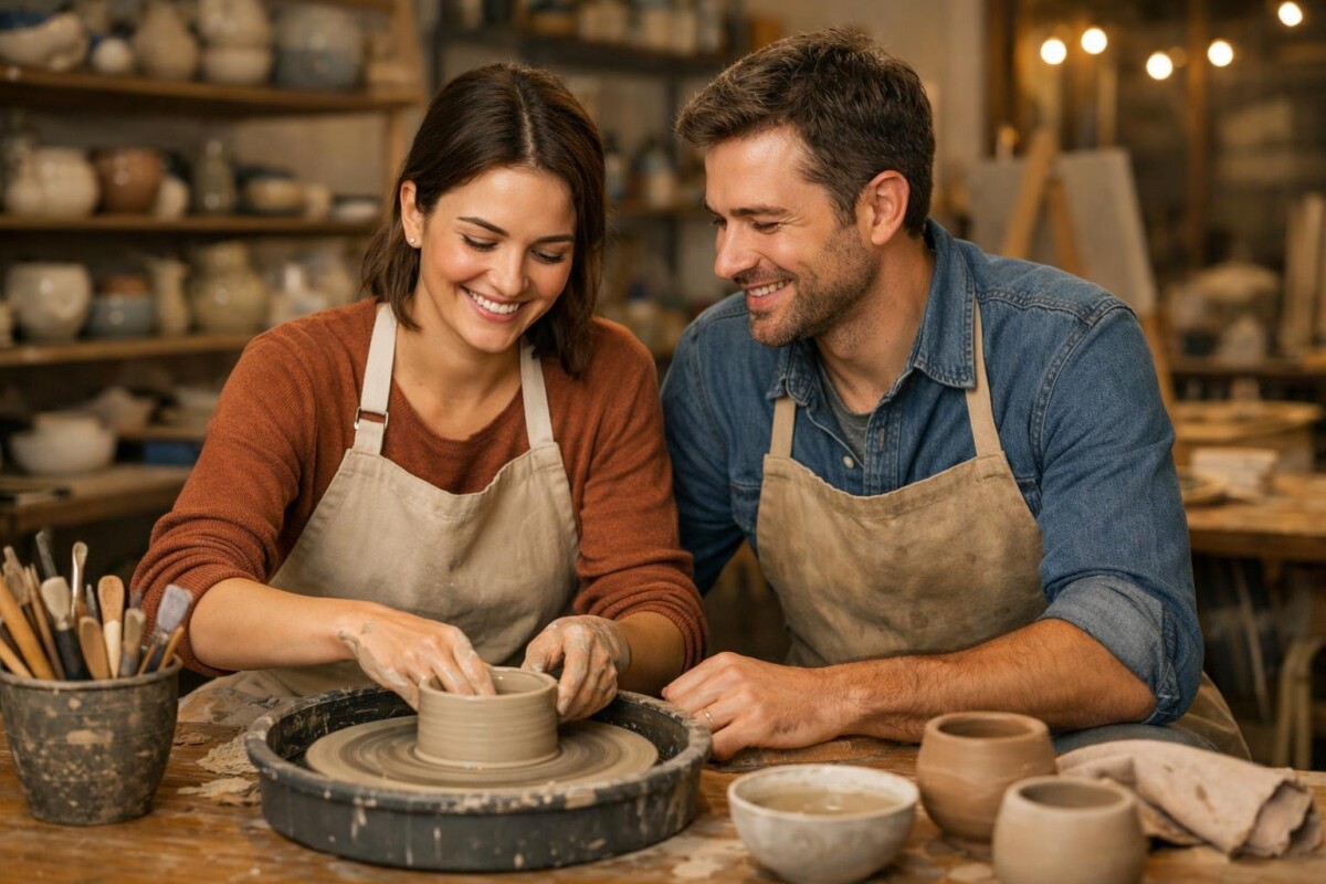 Couple taking a pottery class as a creative date idea