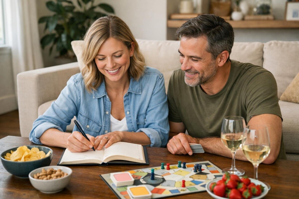 A couple planning a casual date night together at home