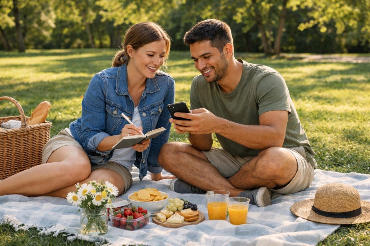 Couple having a relaxed picnic date in the park