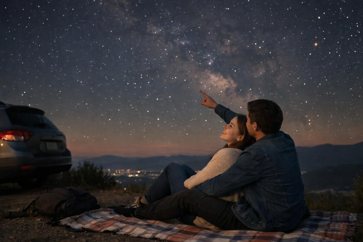 Couple stargazing after a short road trip date