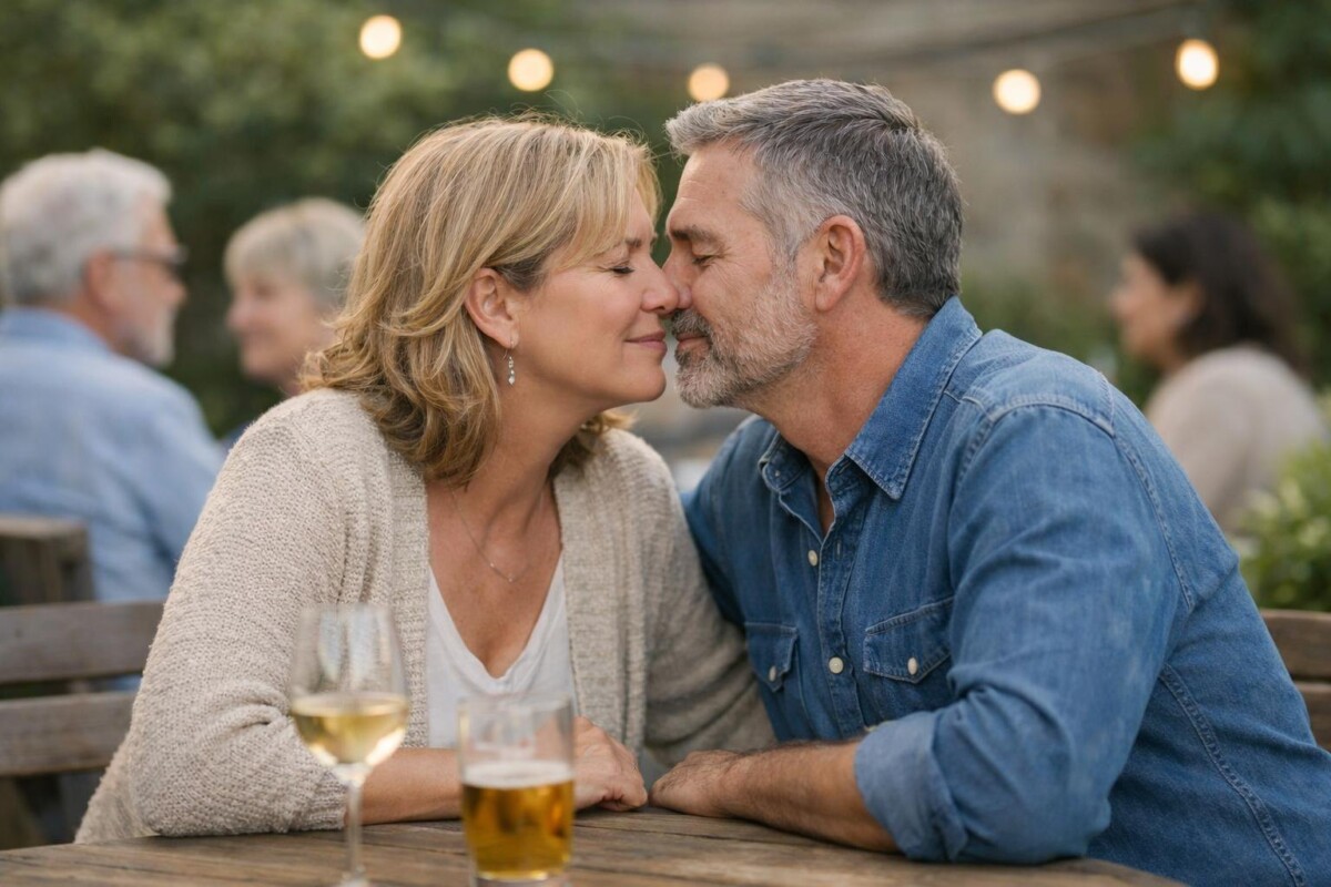 Two adults sharing a gentle kiss in soft natural light