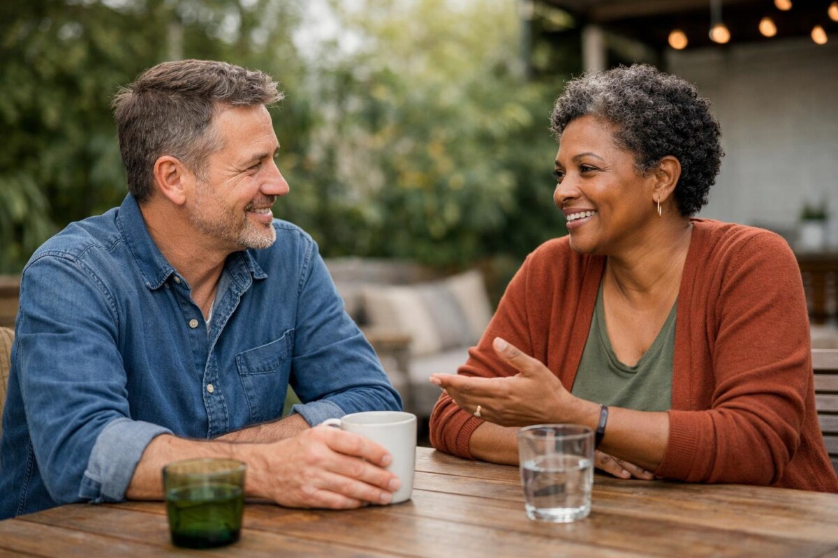 Two adults having a friendly conversation in a casual social setting