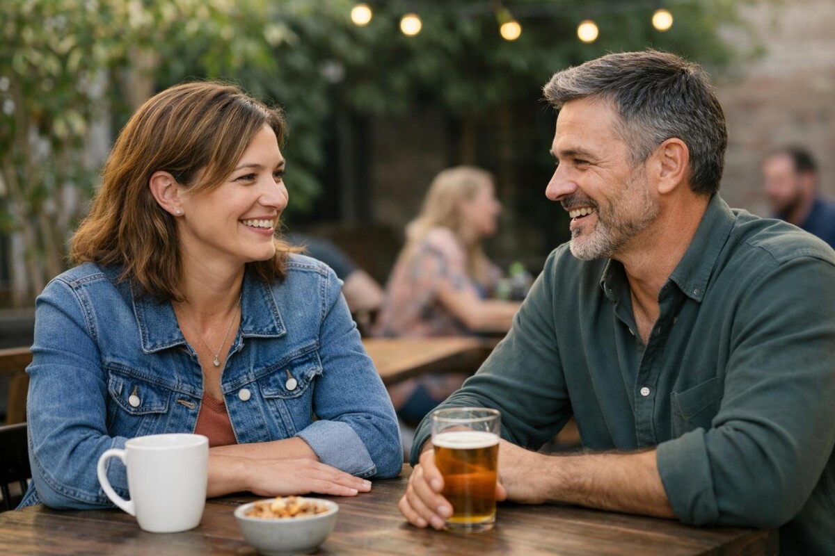 A man and woman having a relaxed conversation in a casual public setting