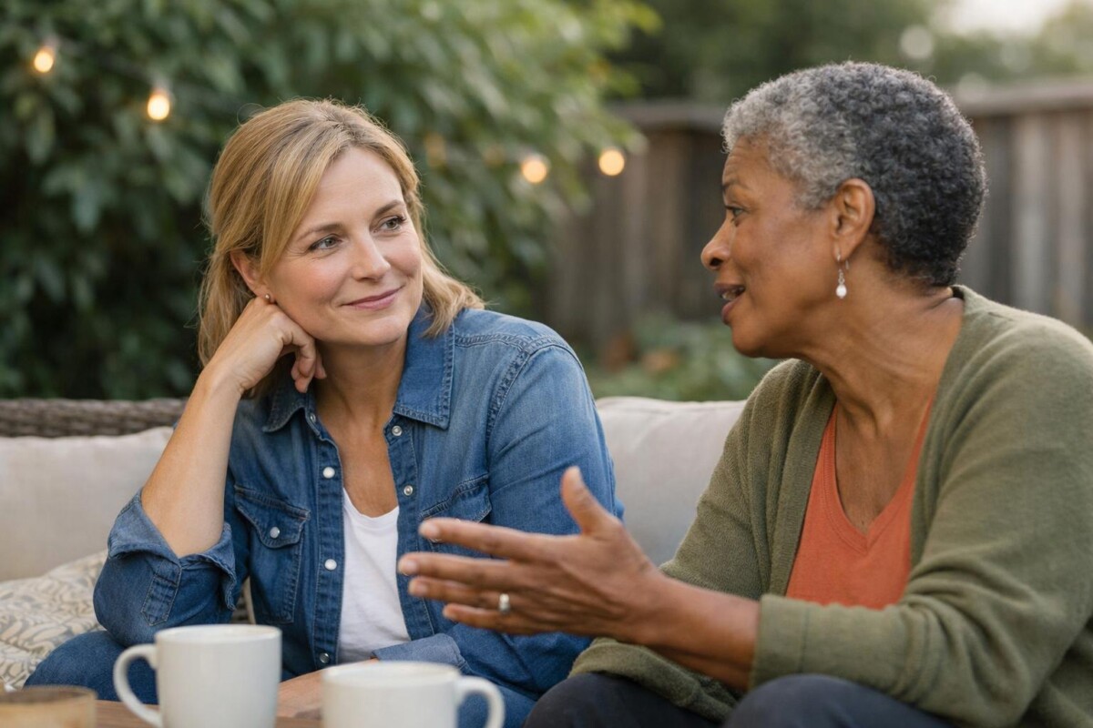 Two people having a relaxed conversation while one listens attentively in a social setting