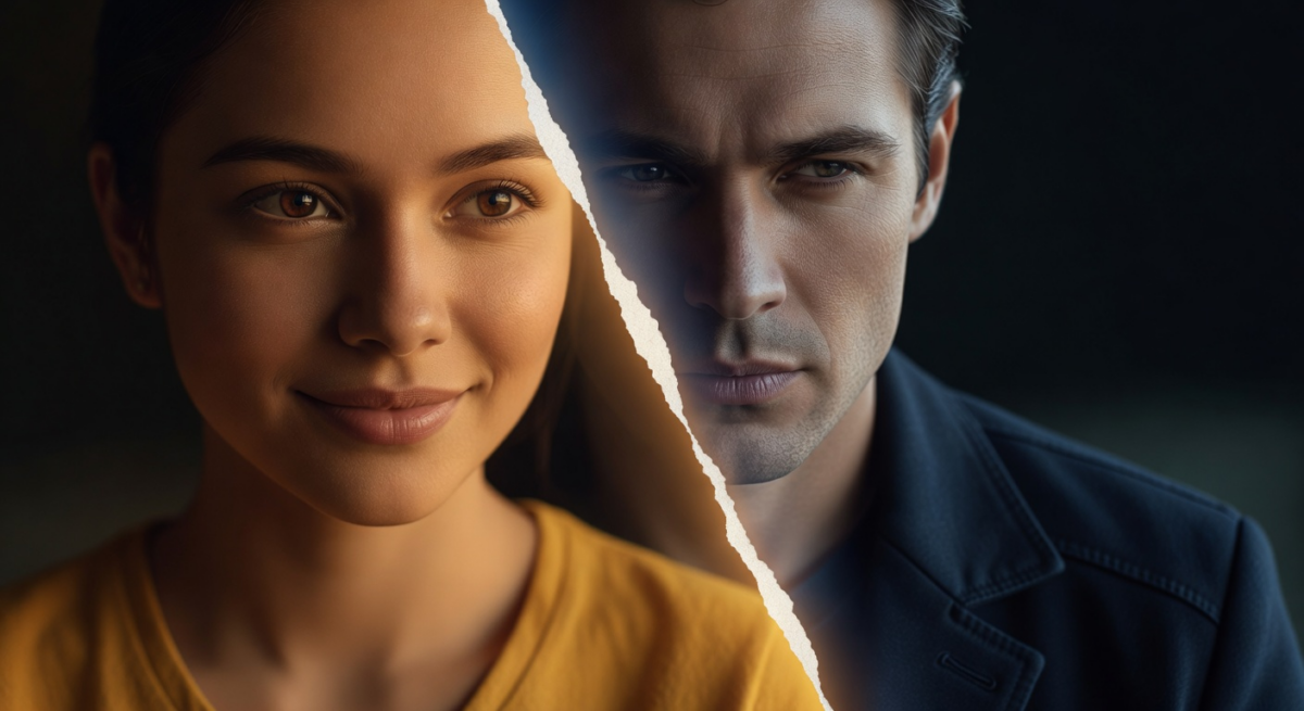 Woman with microphone interviewing a man on a busy city street, crowd watching