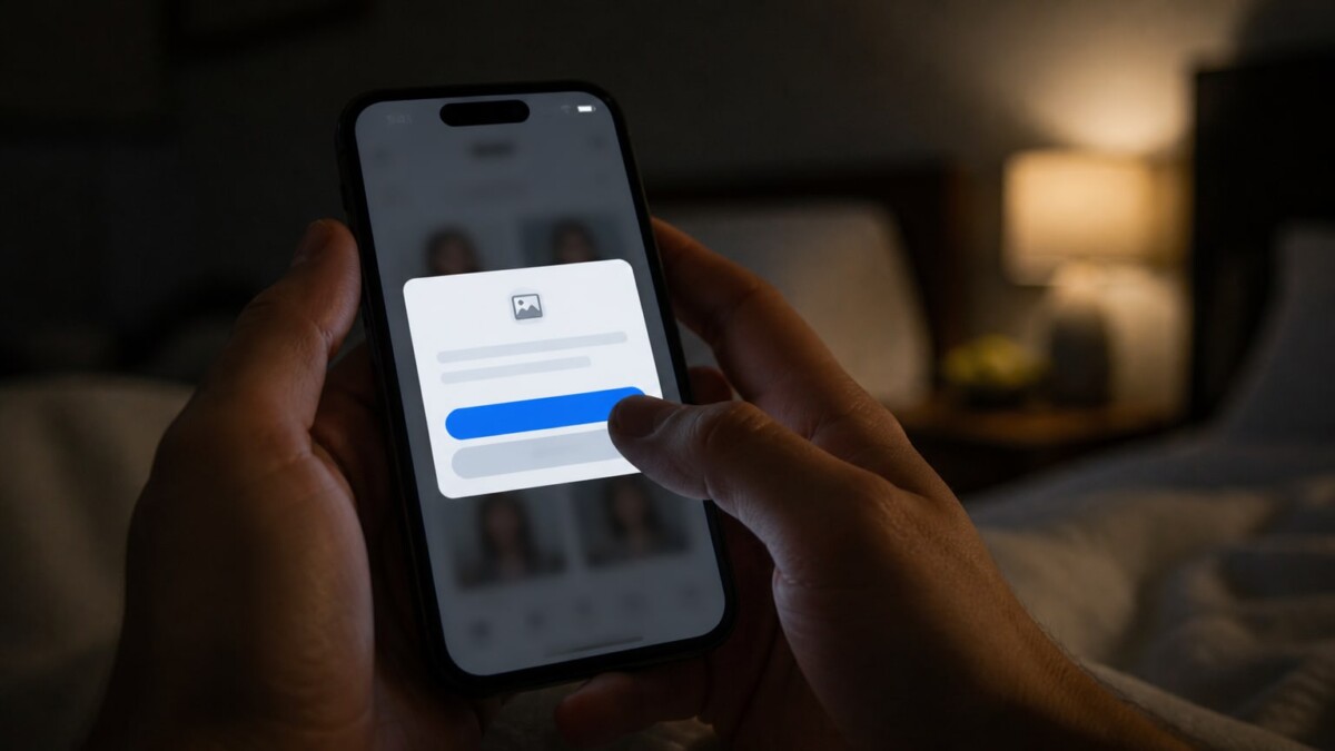 Hands holding glowing smartphone showing permission dialog in dim bedroom