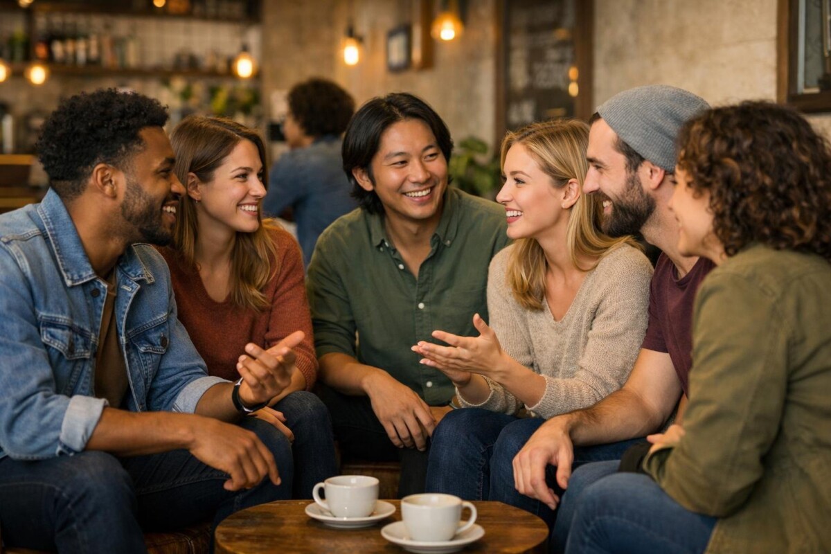 Friends talking in a cafe while building a social circle